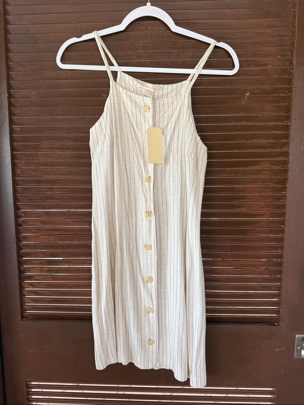 Striped Cream Button-Front Midi Dress with Spaghetti Straps
